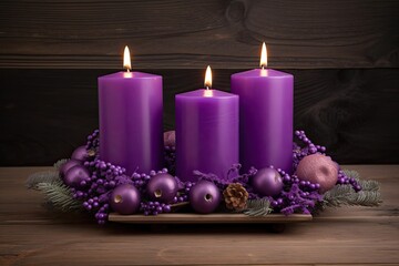 Obraz na płótnie Canvas Illustration of three purple candles on a rustic wooden table Generative AI