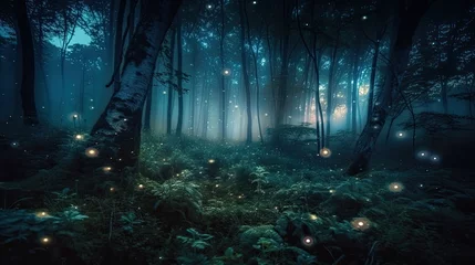 Acrylic prints Fairy forest fireflies in night forest