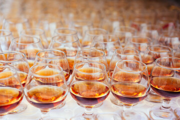 Hard strong alcoholic drinks and distillates in glasses in assortment: vodka, cognac, tequila, scotch, brandy and whiskey, grappa, liqueur, vermouth, tincture, rum. Brown background