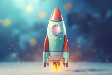 Cartoon rocket flying on pastel isolated background.Business startup and business growth concept.Copy and text space.Created with generative ai