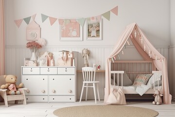 adorable nursery Baby mockup poster, toy house and stroller. Interior the area for kids. Interior of a girl's bedroom with a white wall, a bed that looks like a house, a cupboard, and Generative AI
