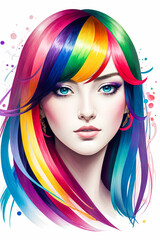 A beautiful portrait of a woman with colorful rainbow hair and stylish makeup. Generative AI.