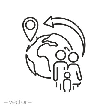 family migration icon, population displacement forced, international emigrants group, thin line symbol - editable stroke vector illustration