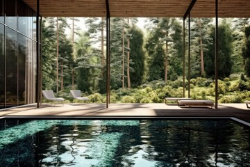 stock photo of swimming pool on the apartment forest view photography Generative AI