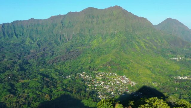 Aerial view of Mt Olomana & the cliffs of the Koolau Mountain Range, Windward Oahu, Hawaii, United States.