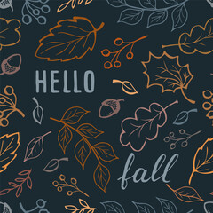 Autumn seamless pattern with lettering hand draw on a dark background.