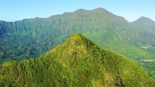 Aerial view of Mt Olomana and the cliffs of the Koolau Mountain Range, Windward Oahu, Hawaii, United States.