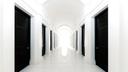 A white corridor, long, symmetrical, and lined with identical Black doors. A harmony of abstract and architectural style emerges, boldly timeless. Generative AI
