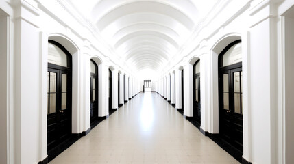 Fototapeta na wymiar A white corridor, long, symmetrical, and lined with identical Black doors. A harmony of abstract and architectural style emerges, boldly timeless. Generative AI 