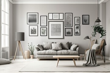 Ash gray hue monochrome flat room with furniture and plants, double frames gallery wall, poster mockup room. Generative AI