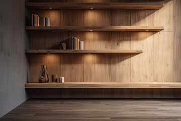 An empty wooden shelf display on a loft wall would make an ideal blank backdrop for a product presentation. Generative AI