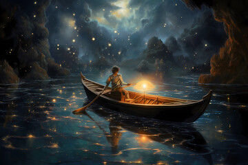 Obraz premium Elysian Traversing Starlight - Abstract scene with person in a rowboat on a lake with cloudy skies (Generative AI)