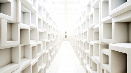 Obraz premium An abstract corridor, white and bright, stretches to infinity. Composed of cubic shapes, its length contrasts its form, an endless dance of geometry. Generative AI