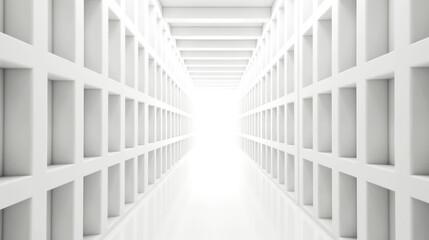 Obraz premium An abstract corridor, white and bright, stretches to infinity. Composed of cubic shapes, its length contrasts its form, an endless dance of geometry. Generative AI
