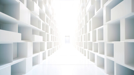 An abstract corridor, white and bright, stretches to infinity. Composed of cubic shapes, its length contrasts its form, an endless dance of geometry. Generative AI