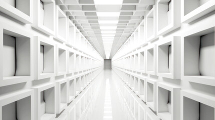 An abstract corridor, white and bright, stretches to infinity. Composed of cubic shapes, its length contrasts its form, an endless dance of geometry. Generative AI