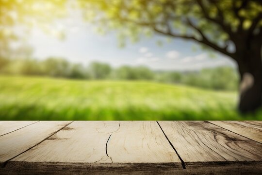 open space wooden desk and springtime. Generative AI