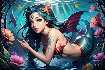 Little mermaid illustration under water