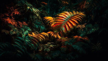 Vibrant foliage illuminates dark tropical rainforest backdrop generated by AI