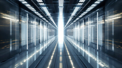 Future digital data center corridor, bright and symmetrical, dominates the frame. Its length, a dazzling show of data, crafts a canvas of perfect symmetry. Generative AI
