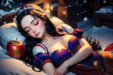 Illustration of beautiful sleeping princess in fairy tail world.