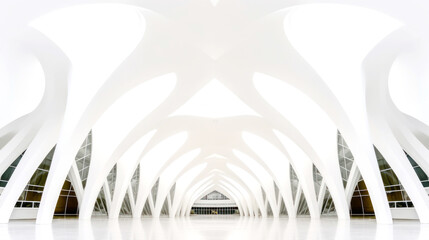 Fototapeta premium A low angle view captures a modern, organic architecture concept. Its symmetrical grandeur, all in white, dominates the frame. Abstract and architectural fusion: a sight to behold. Generative AI 