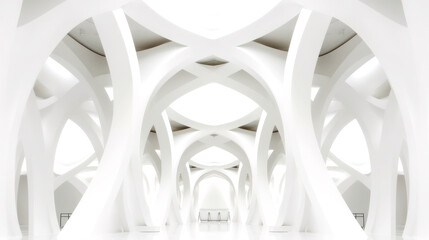 A low angle view captures a modern, organic architecture concept. Its symmetrical grandeur, all in white, dominates the frame. Abstract and architectural fusion: a sight to behold. Generative AI
