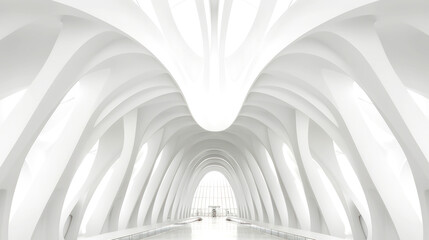 A low angle view captures a modern, organic architecture concept. Its symmetrical grandeur, all in white, dominates the frame. Abstract and architectural fusion: a sight to behold. Generative AI
 - obrazy, fototapety, plakaty