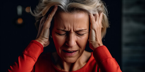 Fototapeta na wymiar Portrait of beautiful stressed woman. Woman suffering from headache desperate and stressed because pain and migraine. Hands on head. digital ai