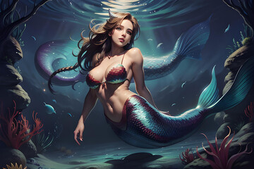 Little mermaid illustration under water