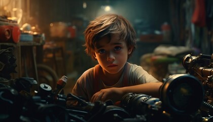 Fototapeta na wymiar The child boy is an engineer and inventor against the backdrop of an industrial complex, a young worker learns science in various professions. Generative AI.