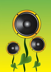 music poster with sunflowers, leaves and speakers