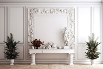 Fototapeta na wymiar An elegant living room interior features a pine branch and cone in bas relief on a hardwood platform. Christmas décor. decorative plaster plants Interior of a contemporary, luxurious Generative AI