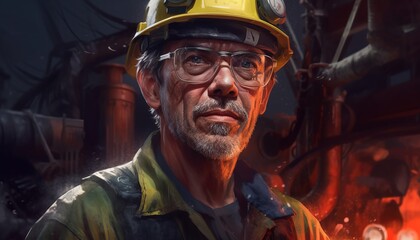 An engineer in front of an industrial complex, a worker in front of an oil rig. Extraction of minerals and natural gas. Generative AI.