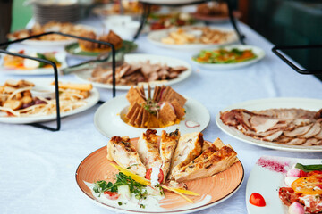 Arabic Cuisine: Middle Eastern traditional lunch. It's also Ramadan Iftar. The meal eaten by Muslims after sunset during Ramadan. Assorted of Arabic oriental dishes. top view with close up.