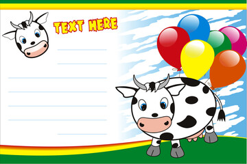 vector birthday card with cow and balloons