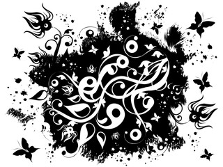 Grunge background with floral ornament and butterfiles