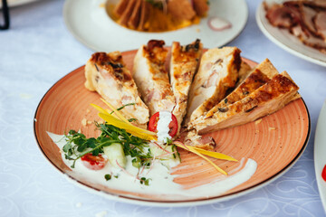 Arabic Cuisine: Middle Eastern traditional lunch. It's also Ramadan Iftar. The meal eaten by Muslims after sunset during Ramadan. Assorted of Arabic oriental dishes. top view with close up.
