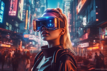 A woman wearing a vr headset in front of a cityscape, ai generated