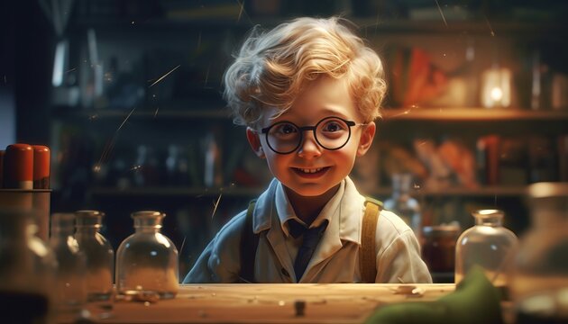 Child boy in a magical chemistry lesson, a young student is experimenting with physics. Generative AI.