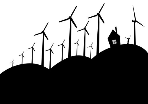 many of silhouette of wind turbines on a white background