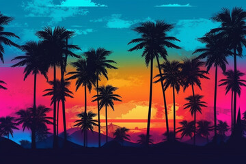 Fototapeta na wymiar palm trees at sunset generative ai technology