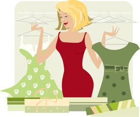 A vector illustration of a Lady bought a new wardrobe