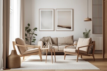 Apartment living room design interior with framed mockup posters, beige furniture on a bright wall, wood floor, and two armchairs. Relaxation idea. Generative AI