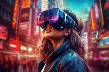 A woman wearing a vr headset in front of a cityscape, ai generated