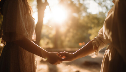 Heterosexual couple holding hands, enjoying nature sunset generated by AI