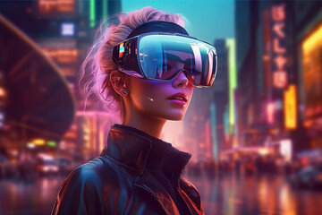 A woman wearing a vr headset in front of a cityscape, ai generated