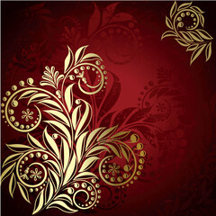 Red background with elegance gold plant with swirls