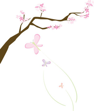 Illustration of a cherry blossoms on a single branch with butterflies flying