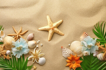 Fototapeta na wymiar starfish and shells on sand generative ai technology